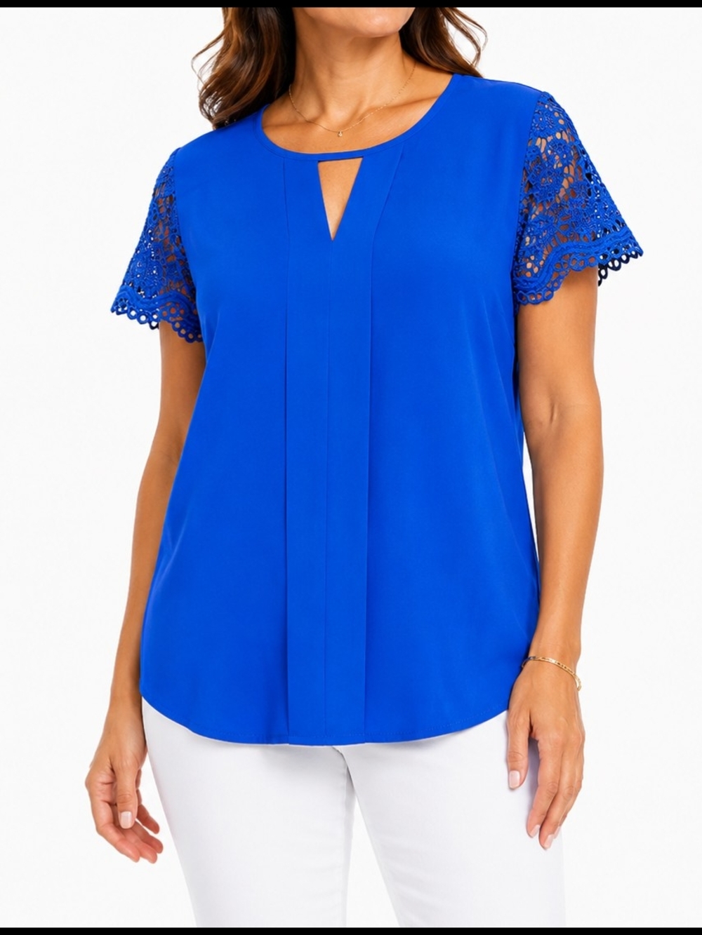 Lace Sleeve Keyhole Blouse - Royal Blue
